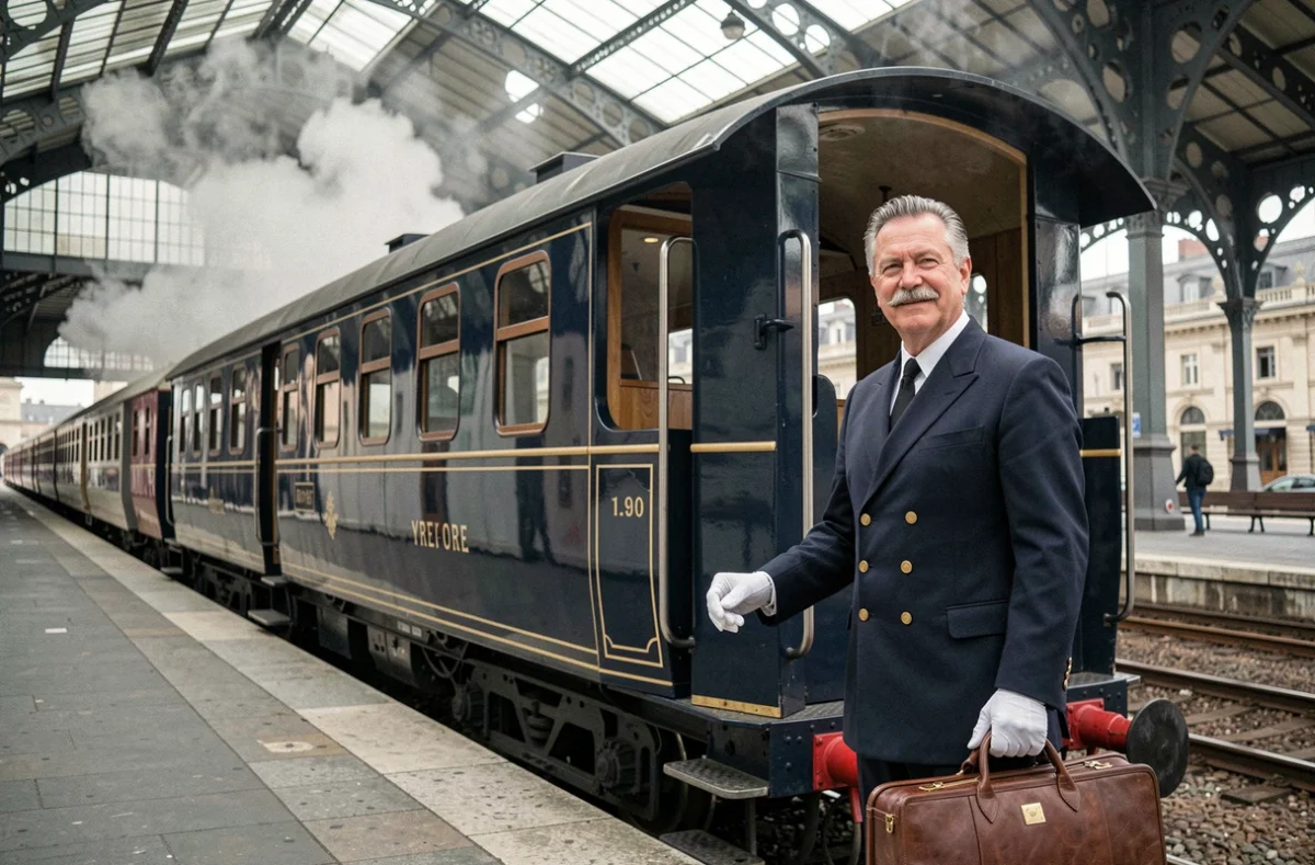 Voiture de train vintage bleu marine et or à quai dans une grande gare européenne avec un porteur en uniforme