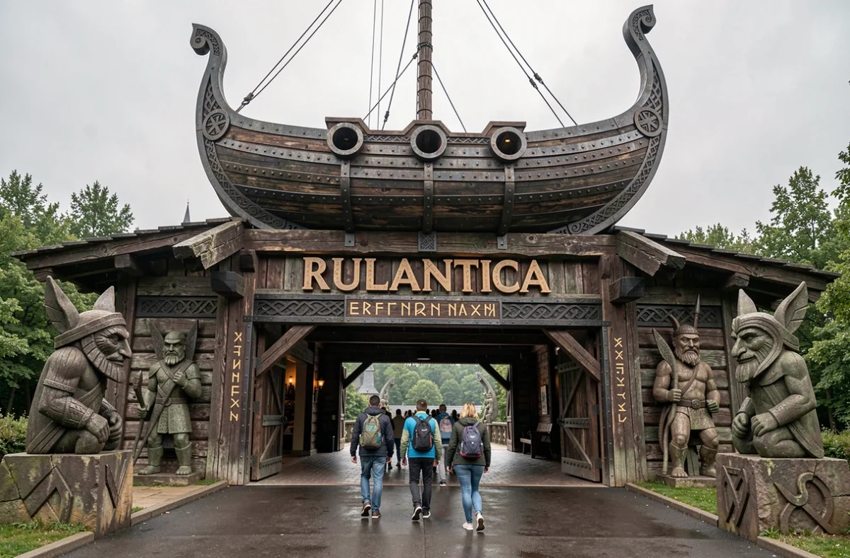 Façade extérieure de Rulantica à Europa-Park avec architecture viking et visiteurs à l'entrée par temps couvert