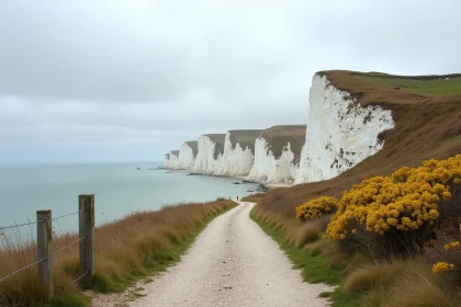 Falaises de craie blanche en Normandie le long de la Manche, chemin côtier avec végétation sauvage