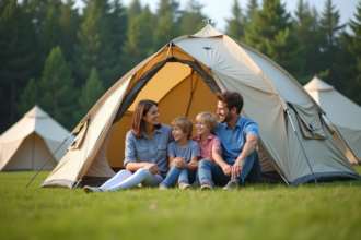 Famille souriante près d'une grande tente en camping