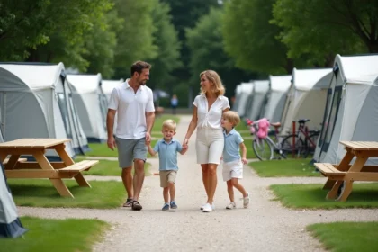 Famille souriante en camping en été avec tentes et aire de jeux
