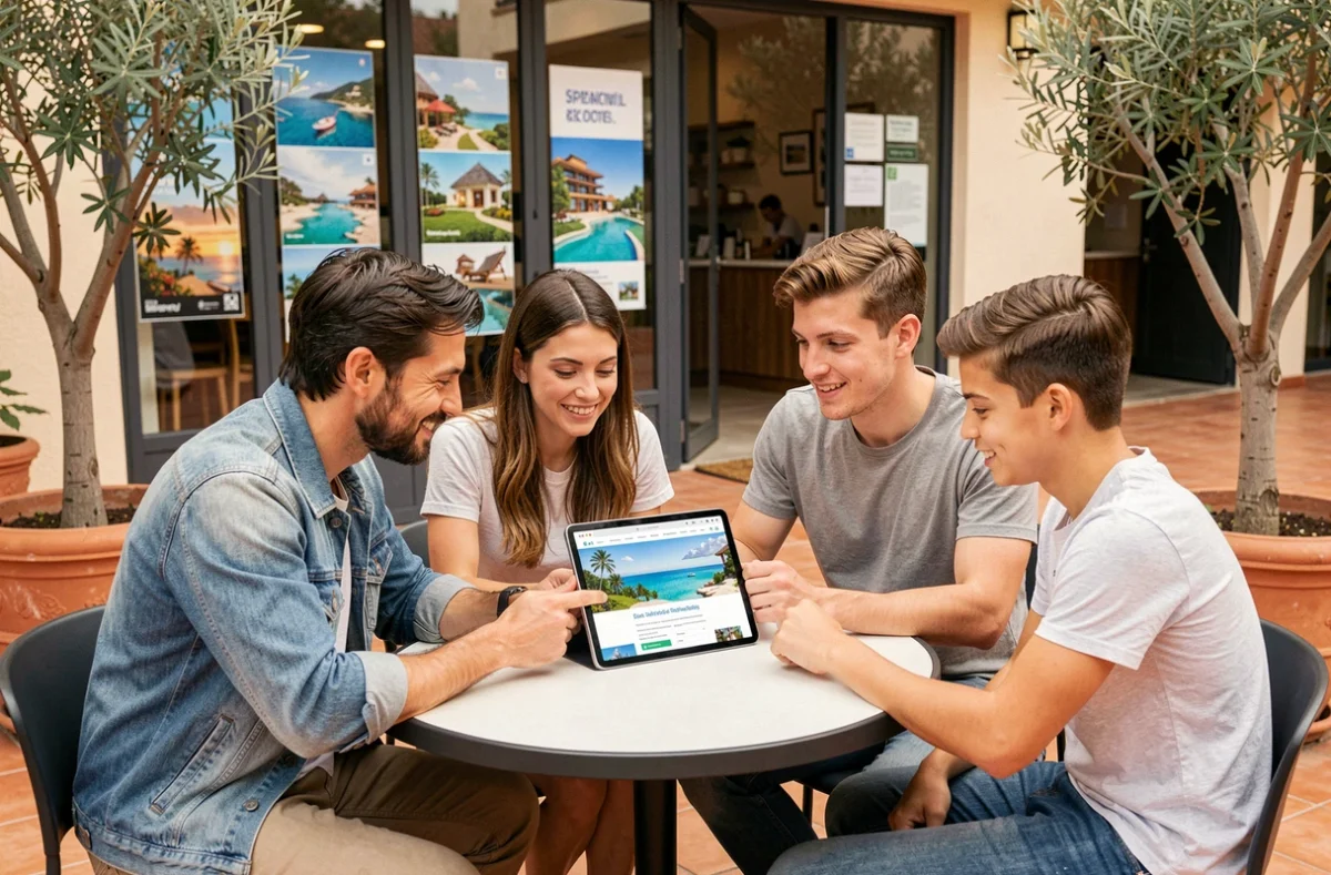 Famille comparant des offres de séjour tout compris sur tablette dans une agence de voyage Selectour