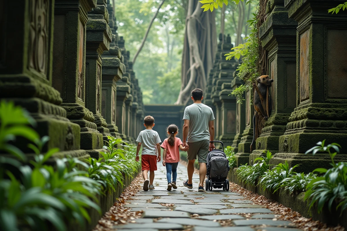 Famille avec enfants observant un macaque dans le Monkey Forest de Bali, chemin en pierre entouré de végétation tropicale dense et de statues de temple couvertes de mousse