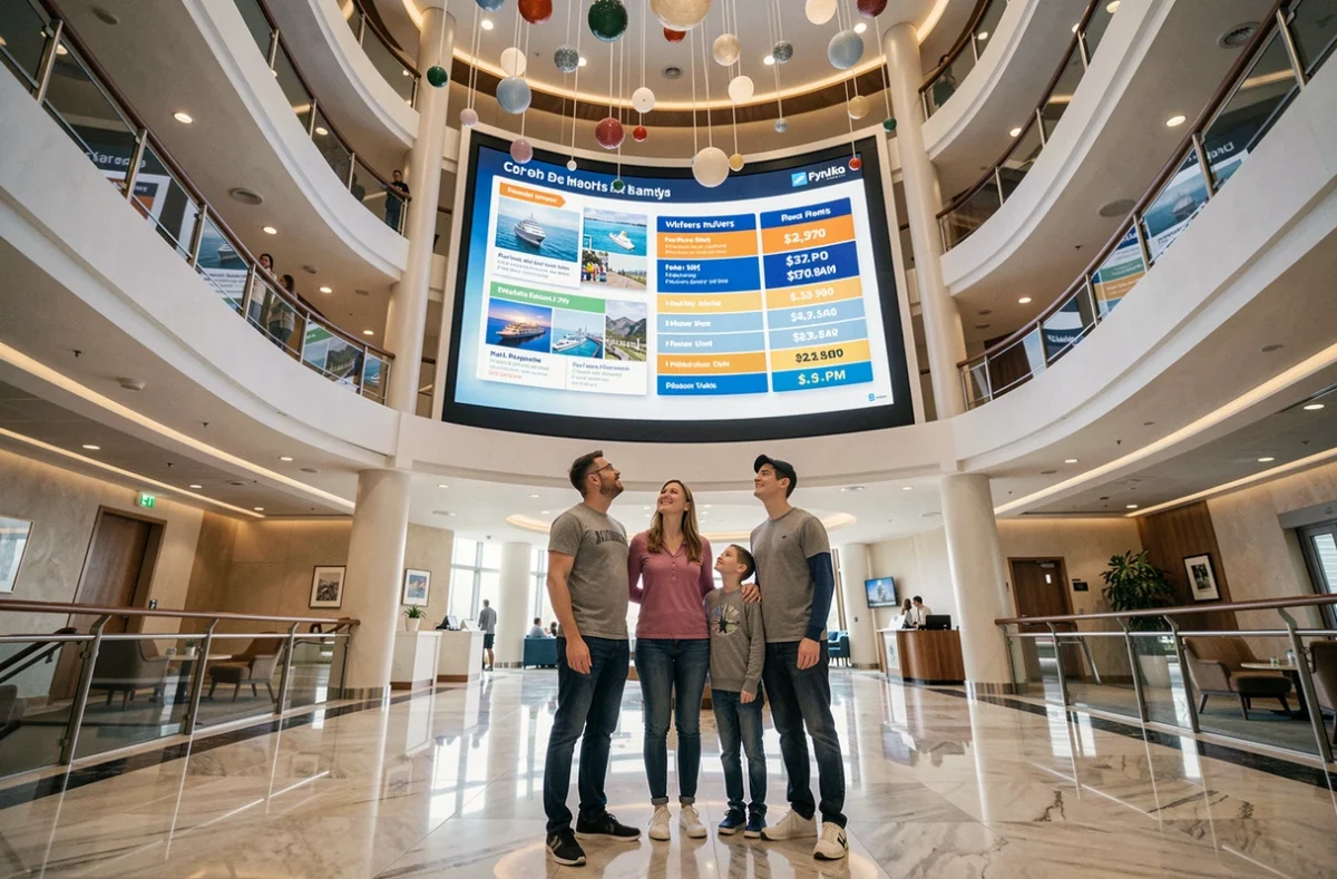 Famille consultant les offres tarifaires sur un écran interactif dans l'atrium d'un bateau de croisière Aida