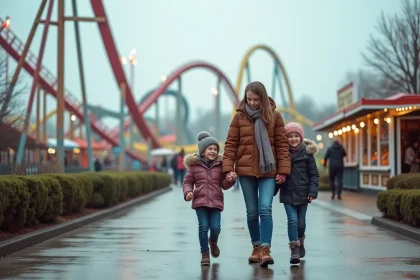 Famille jeune se promenant dans un parc d'attractions en automne
