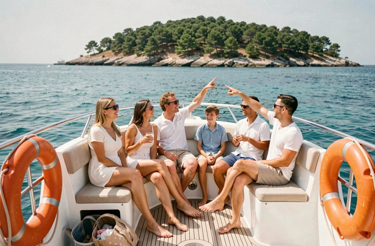 Famille profitant de la traversée en bateau vers l'île de Porquerolles avec vue sur les eaux turquoise et les côtes boisées