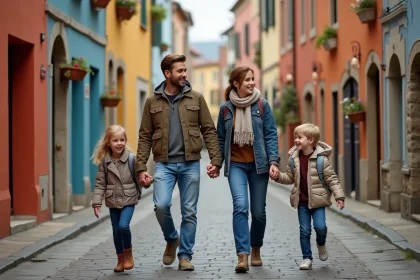 Famille de quatre se promenant dans un village européen coloré