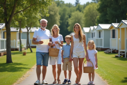 Famille multigenerational souriante devant village vacances