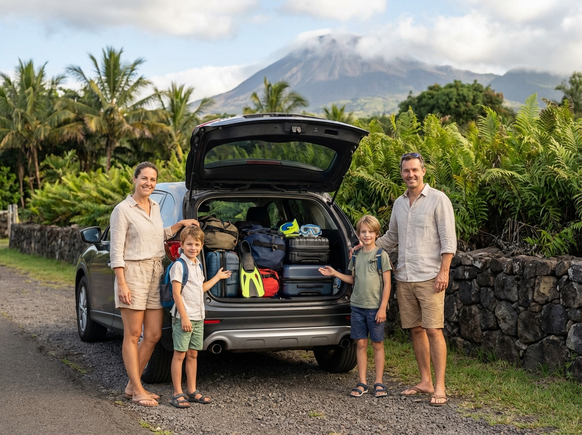 Famille avec enfants près de la voiture prête pour l aventure à la Réunion