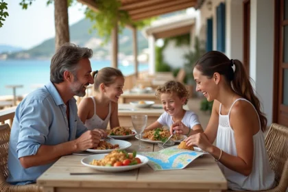 Famille détendue à Zakynthos partageant un repas en plein air