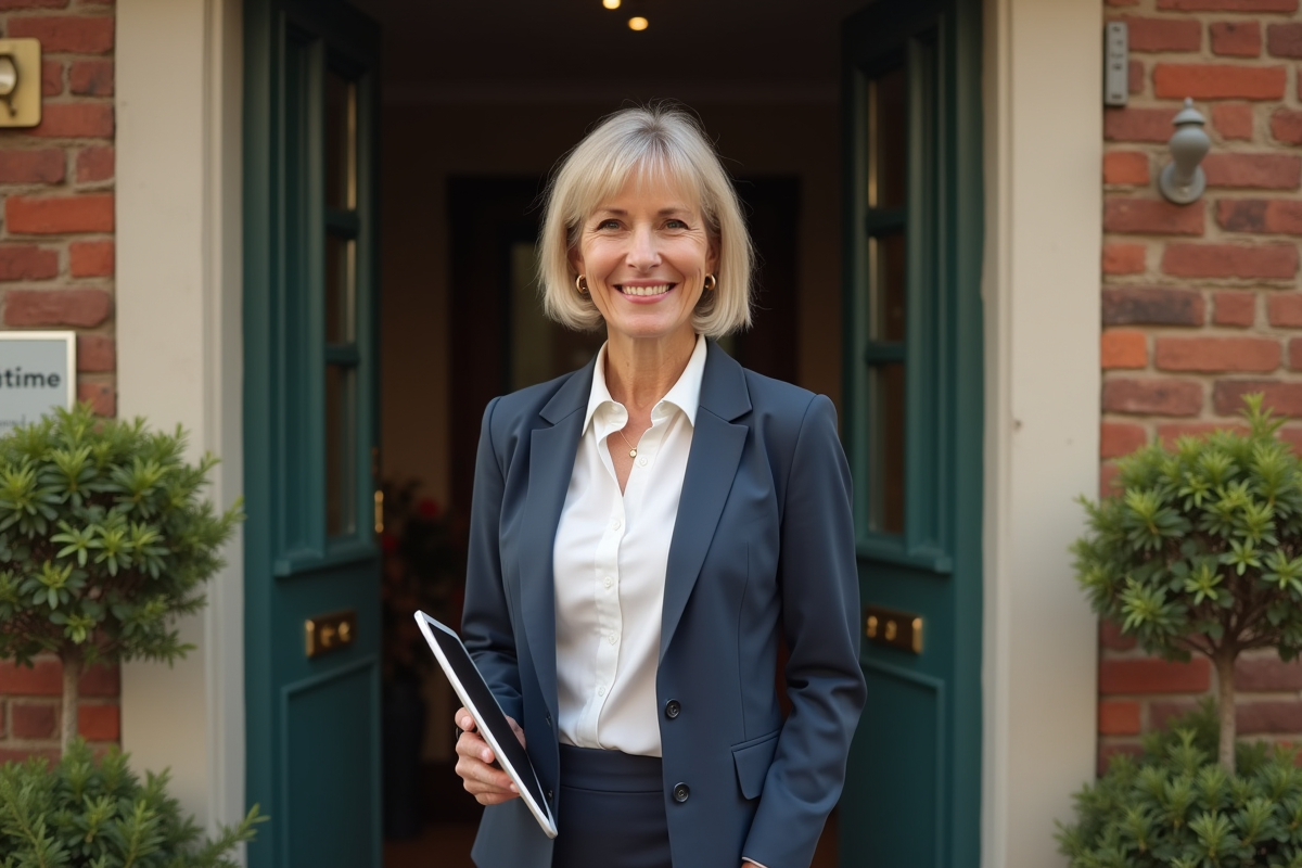 Femme accueillante devant une guesthouse avec tablette en main