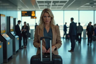 Femme anxieuse à l'aéroport face à une borne de contrôle