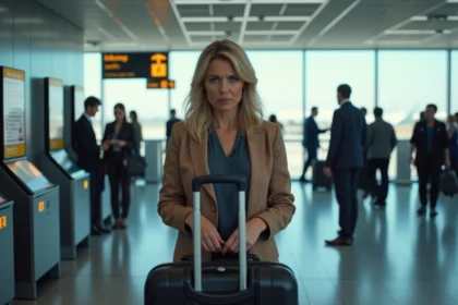 Femme anxieuse à l'aéroport face à une borne de contrôle