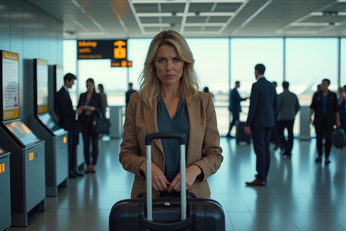 Femme anxieuse à l'aéroport face à une borne de contrôle