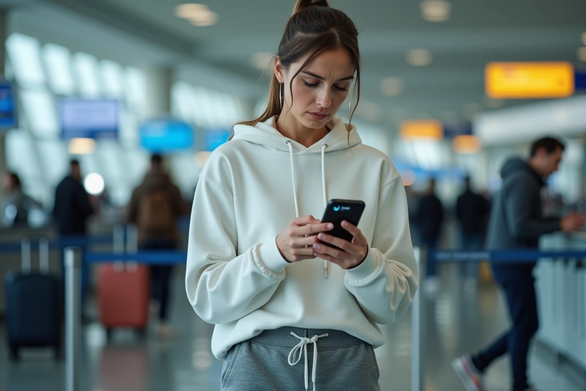 Jeune femme vérifiant une alerte de retard ou annulation de vol sur son smartphone à l'aéroport