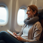 Femme souriante dans un avion avec guide et coussin