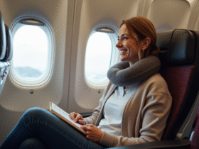 Femme souriante dans un avion avec guide et coussin