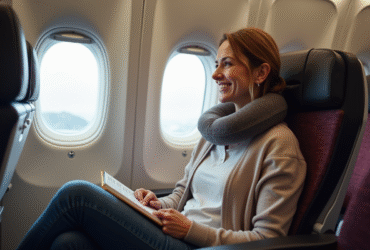 Femme souriante dans un avion avec guide et coussin