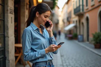 Femme dehors dans un café italien avec smartphone