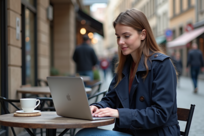 Jeune femme au cafe compare prix d'assurance voyage