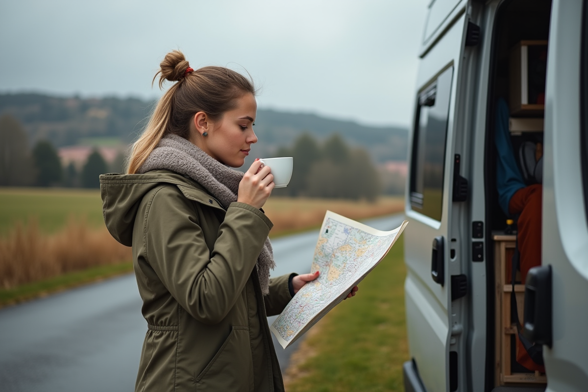 Jeune femme avec carte et café devant son van en campagne