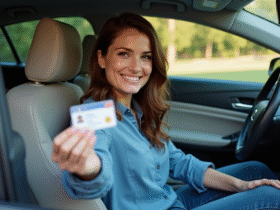 Femme souriante tenant son permis de conduire français dans la voiture