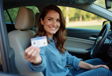 Femme souriante tenant son permis de conduire français dans la voiture