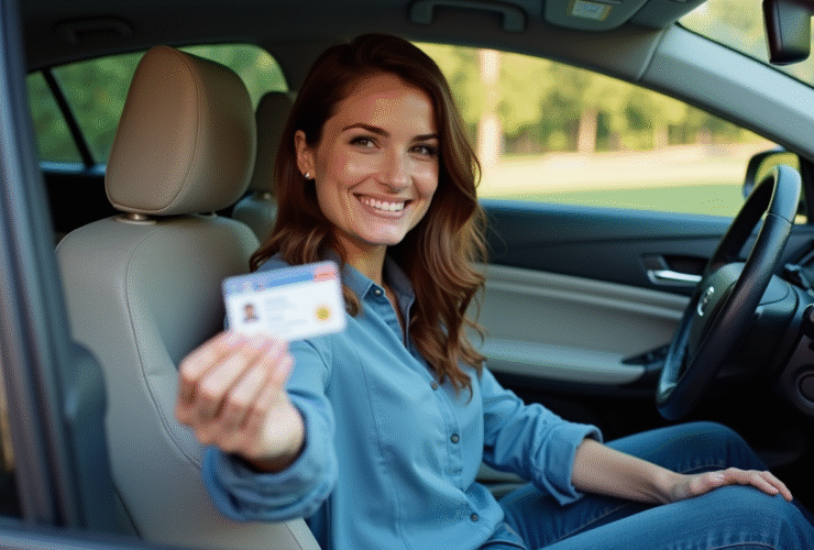 Femme souriante tenant son permis de conduire français dans la voiture