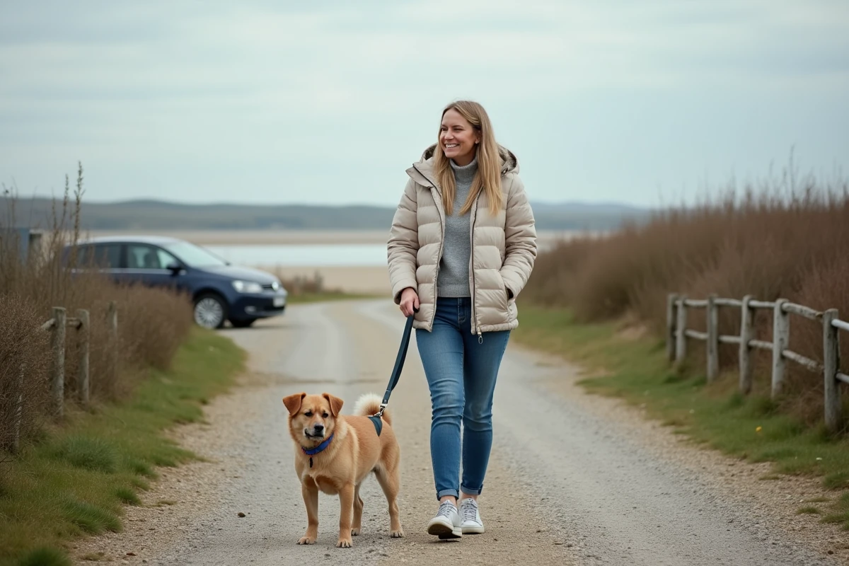 Femme attachant son chien près du parking à Pinedepie