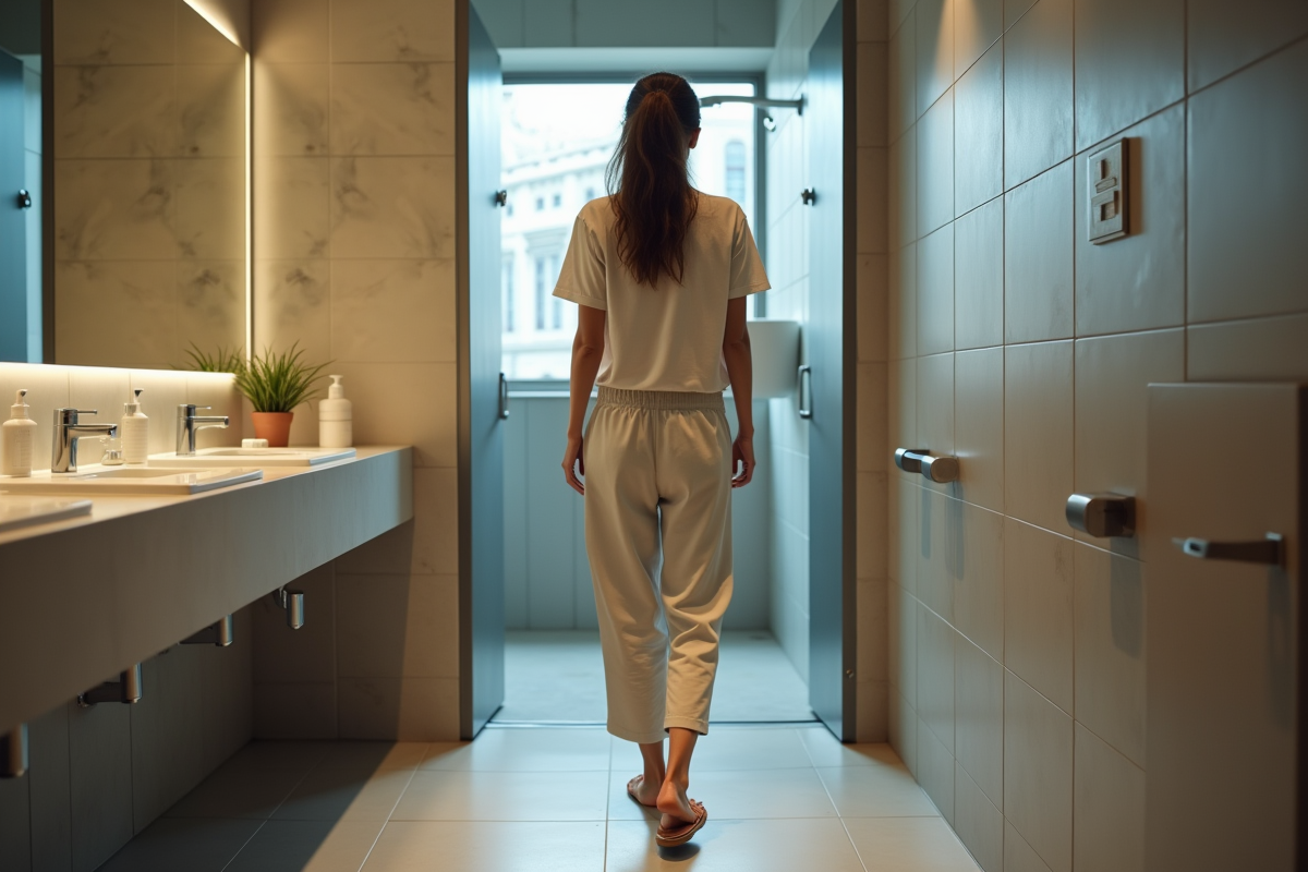 Femme entrant dans une cabine de douche dans un hostel moderne