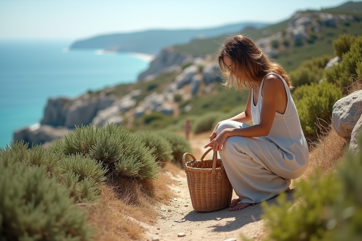 Femme méditerranéenne cueillant des herbes sauvages sur un sentier côtier