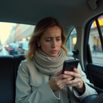 Femme inquiète dans un taxi vérifiant son téléphone