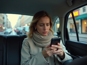 Femme inquiète dans un taxi vérifiant son téléphone