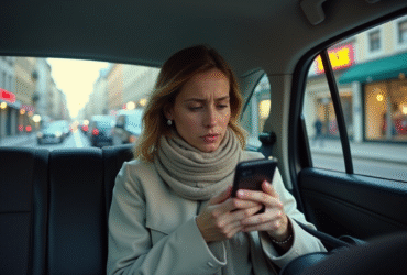 Femme inquiète dans un taxi vérifiant son téléphone