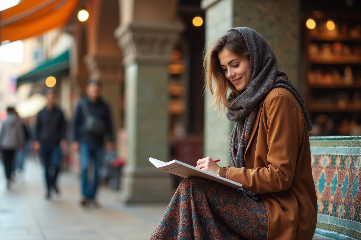 Jeune femme iranienne dessinant dans le bazar de Hamadan
