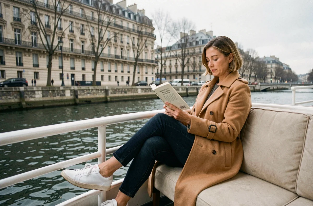 Femme parisienne lisant un livre sur un bateau de croisière fluviale le long des quais de Paris