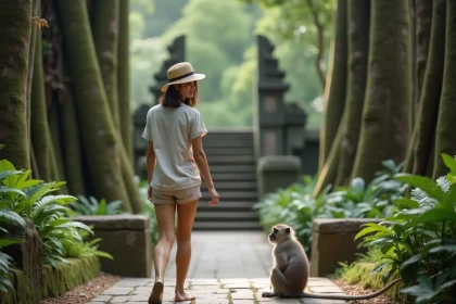 Jeune femme avec singe dans la forêt sacrée de Bali