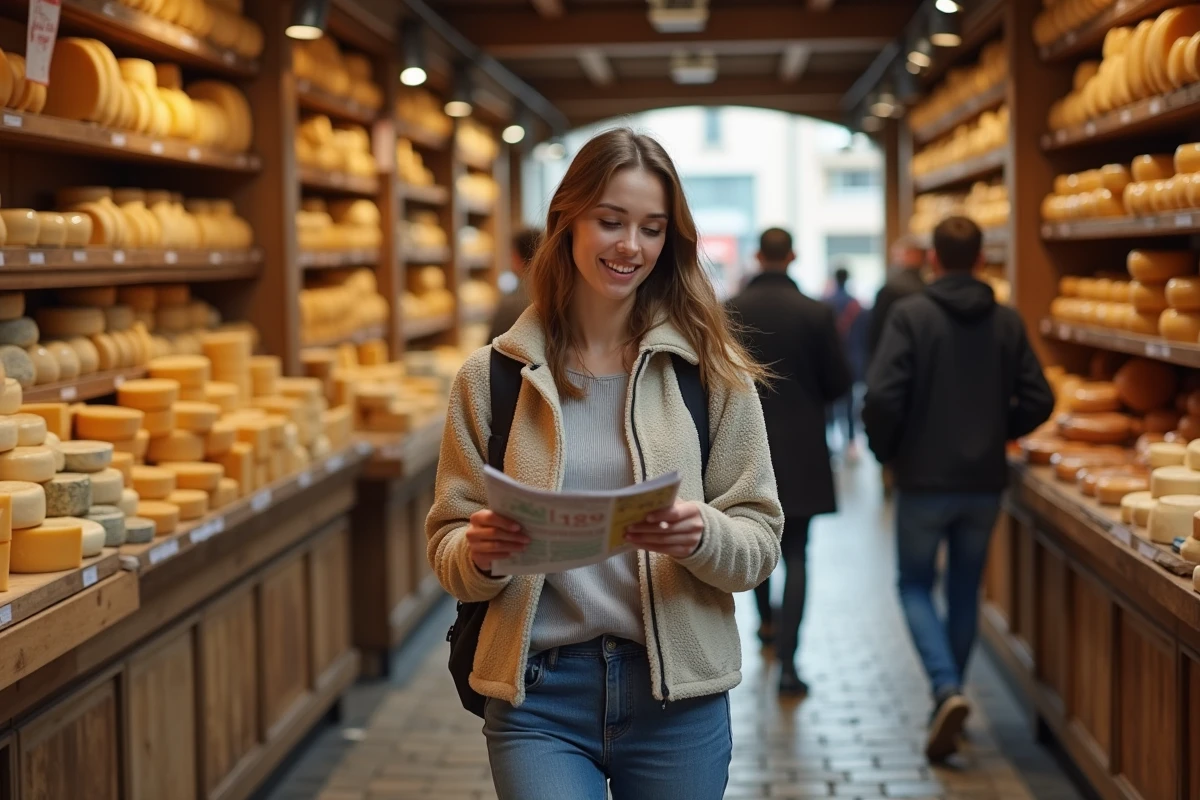 Jeune femme dans un marché de fromages en Auvergne