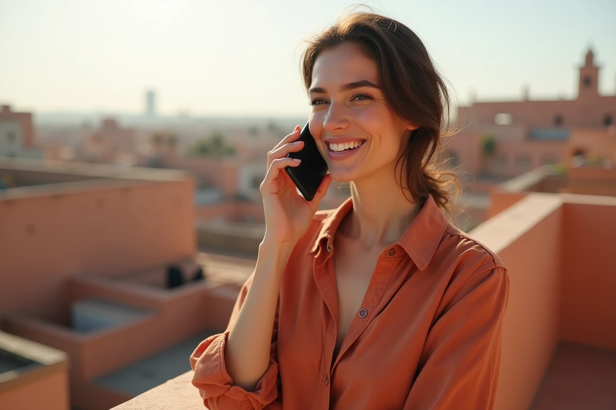 Femme marocaine passant un appel téléphonique international depuis une terrasse à Marrakech avec un smartphone