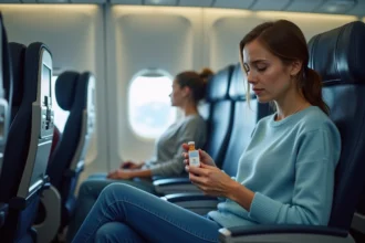 Femme en avion tenant un médicament avec un regard concentré