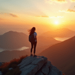 Jeune femme au sommet de la montagne au lever du soleil