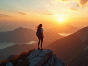 Jeune femme au sommet de la montagne au lever du soleil