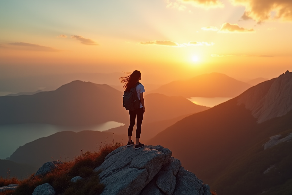 Jeune femme au sommet de la montagne au lever du soleil