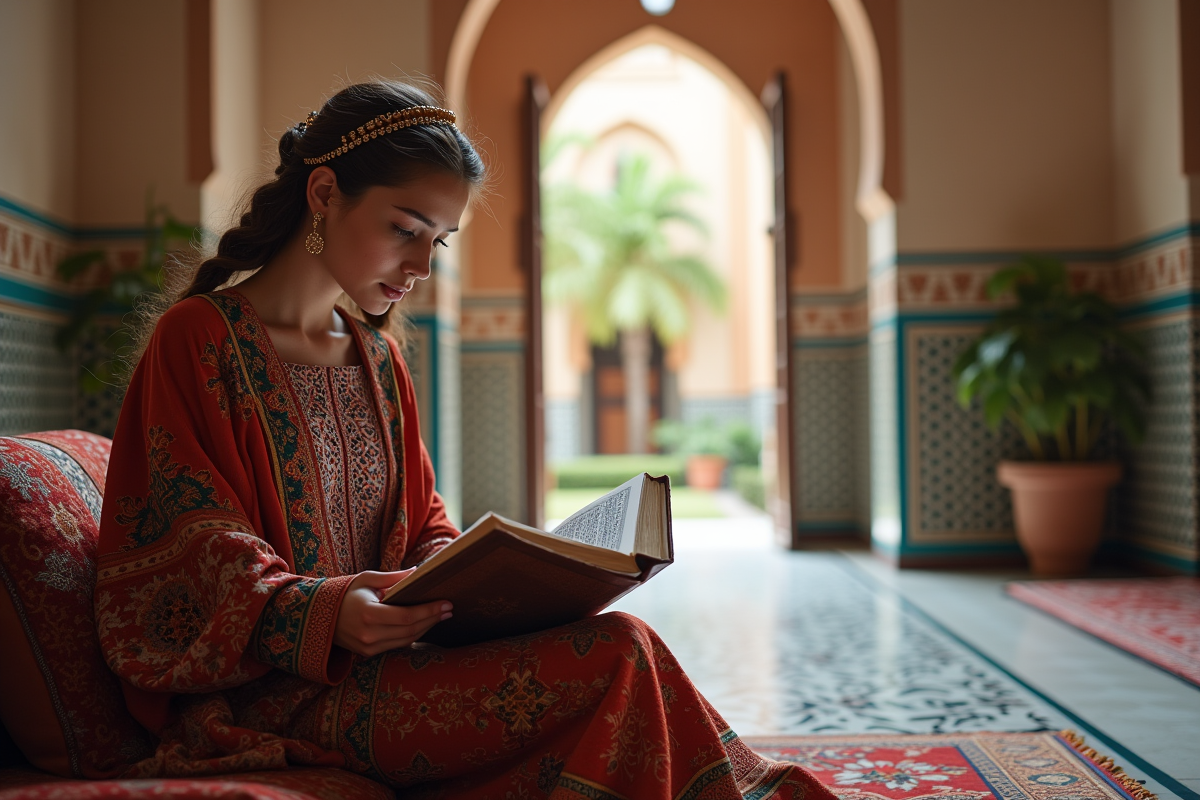Jeune femme marocaine lisant dans un riad coloré