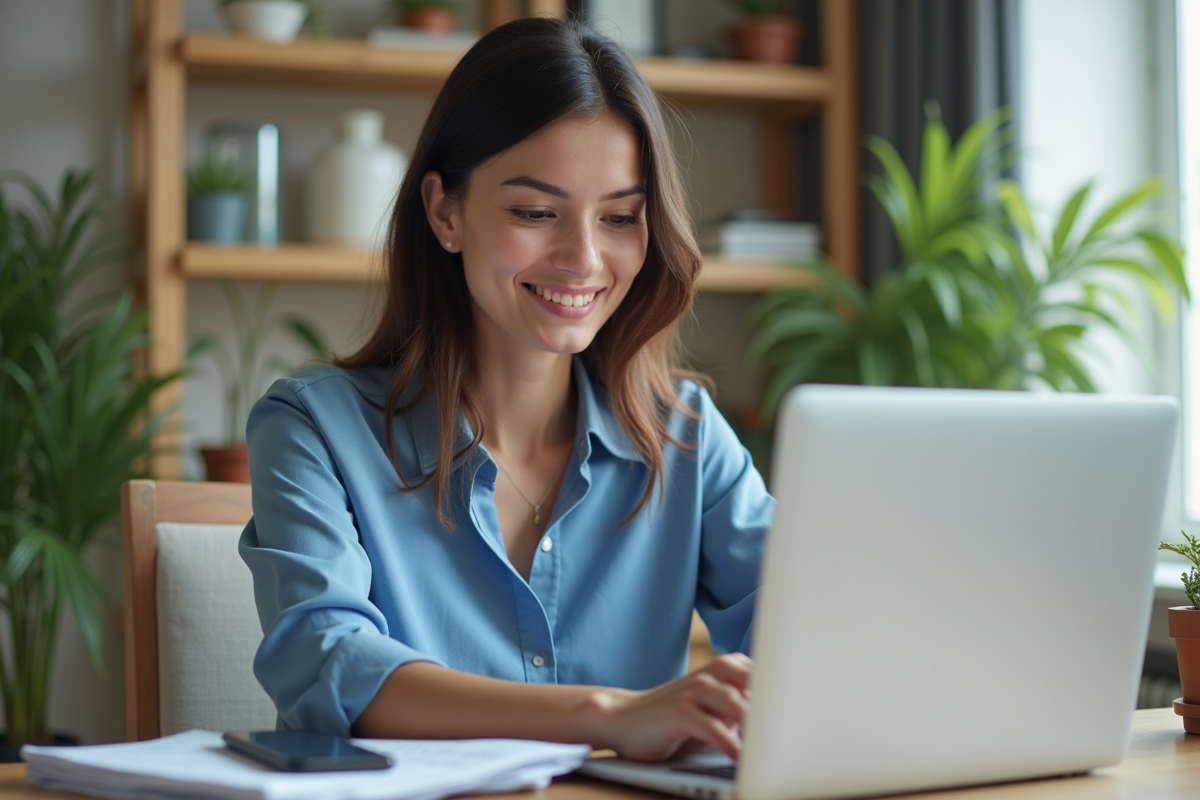 Femme souriante à son bureau préparant un billet d'avion