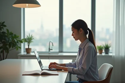 Femme en tenue décontractée consulte des offres de vol sur son ordinateur