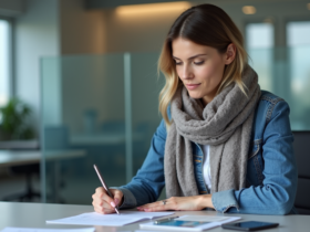 Femme en bureau moderne remplissant un formulaire avec permis de conduire