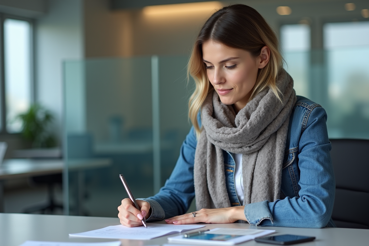 Femme en bureau moderne remplissant un formulaire avec permis de conduire