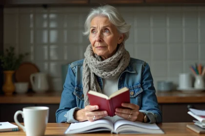 Femme tenant un passeport français dans un cadre domestique