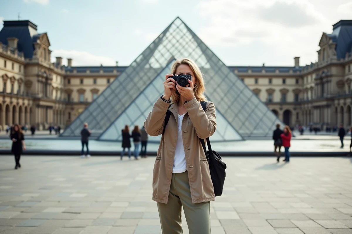 Femme prenant une photo devant le pyramide du Louvre